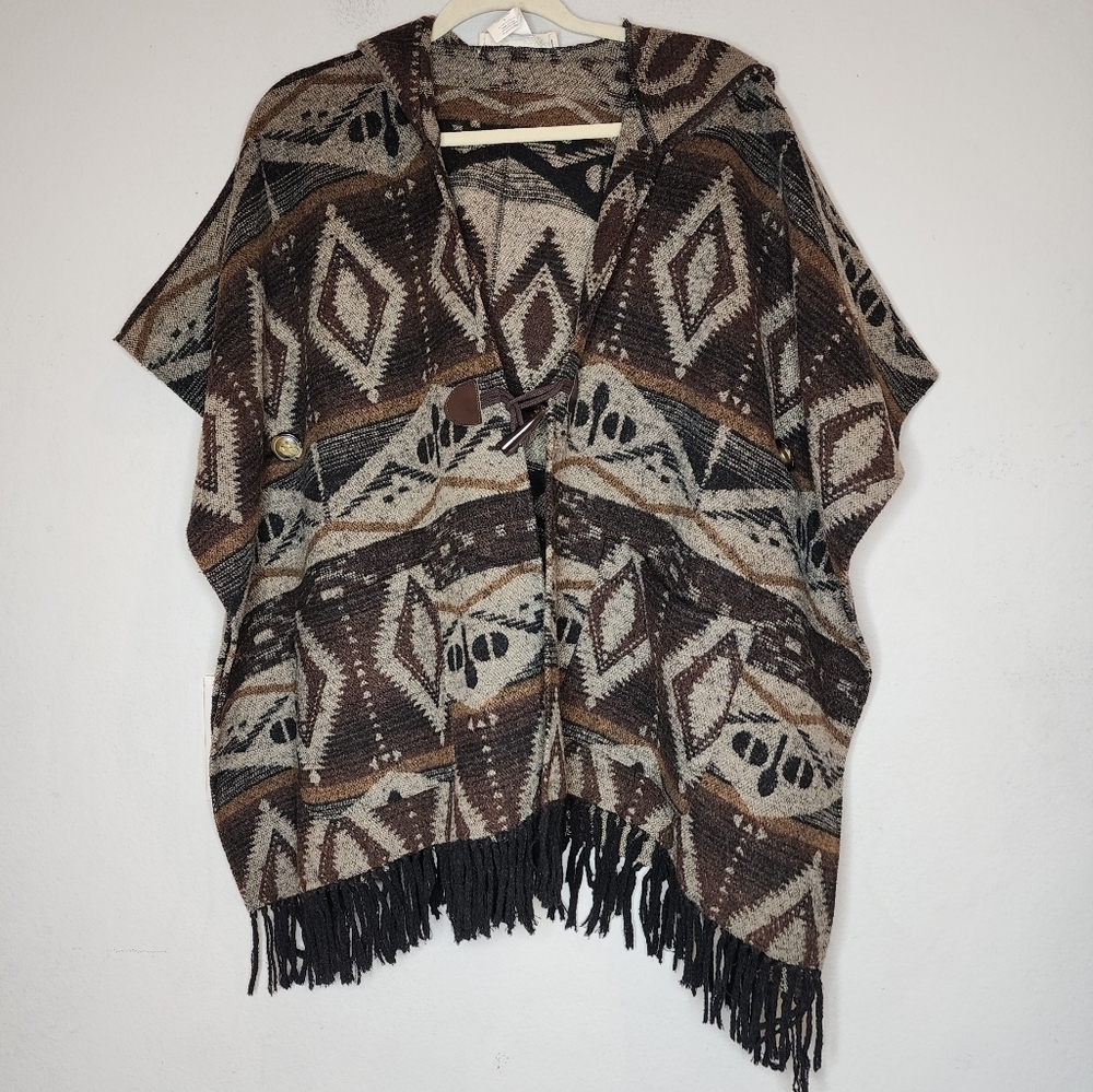 Democracy Wool Blend Brown Hooded Poncho Size Small Oversized Boho